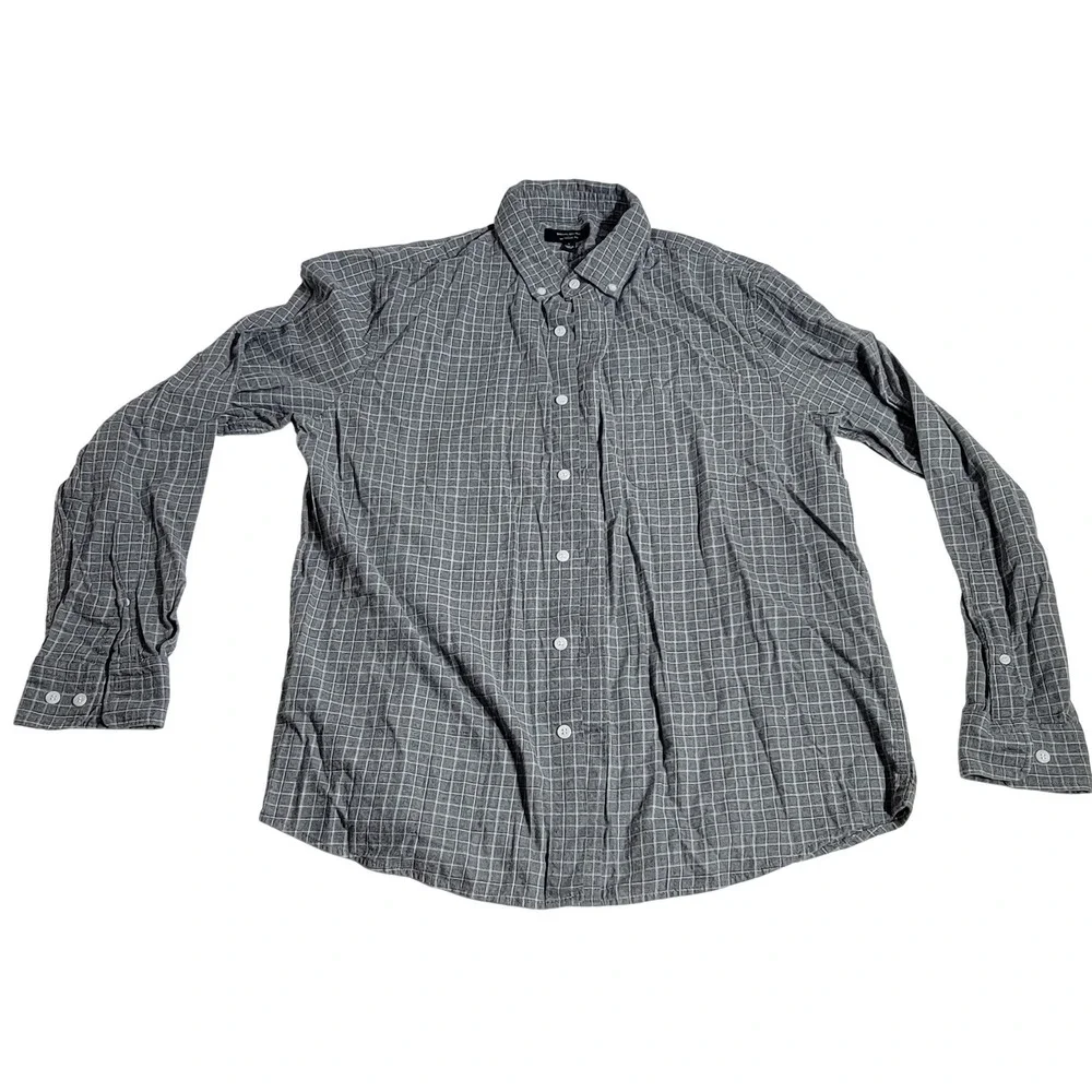 Banana Republic Mens Untucked Fit Grey Grid Cotton Button Down Shirt Large